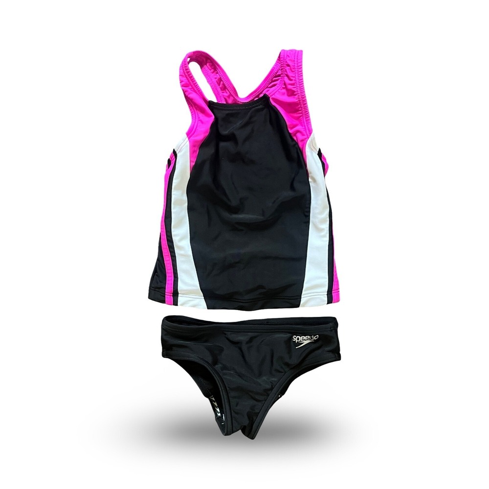 Speedo Girls Tankini Swimsuit Set Black Pink White Colorblock Size 4 Racerback